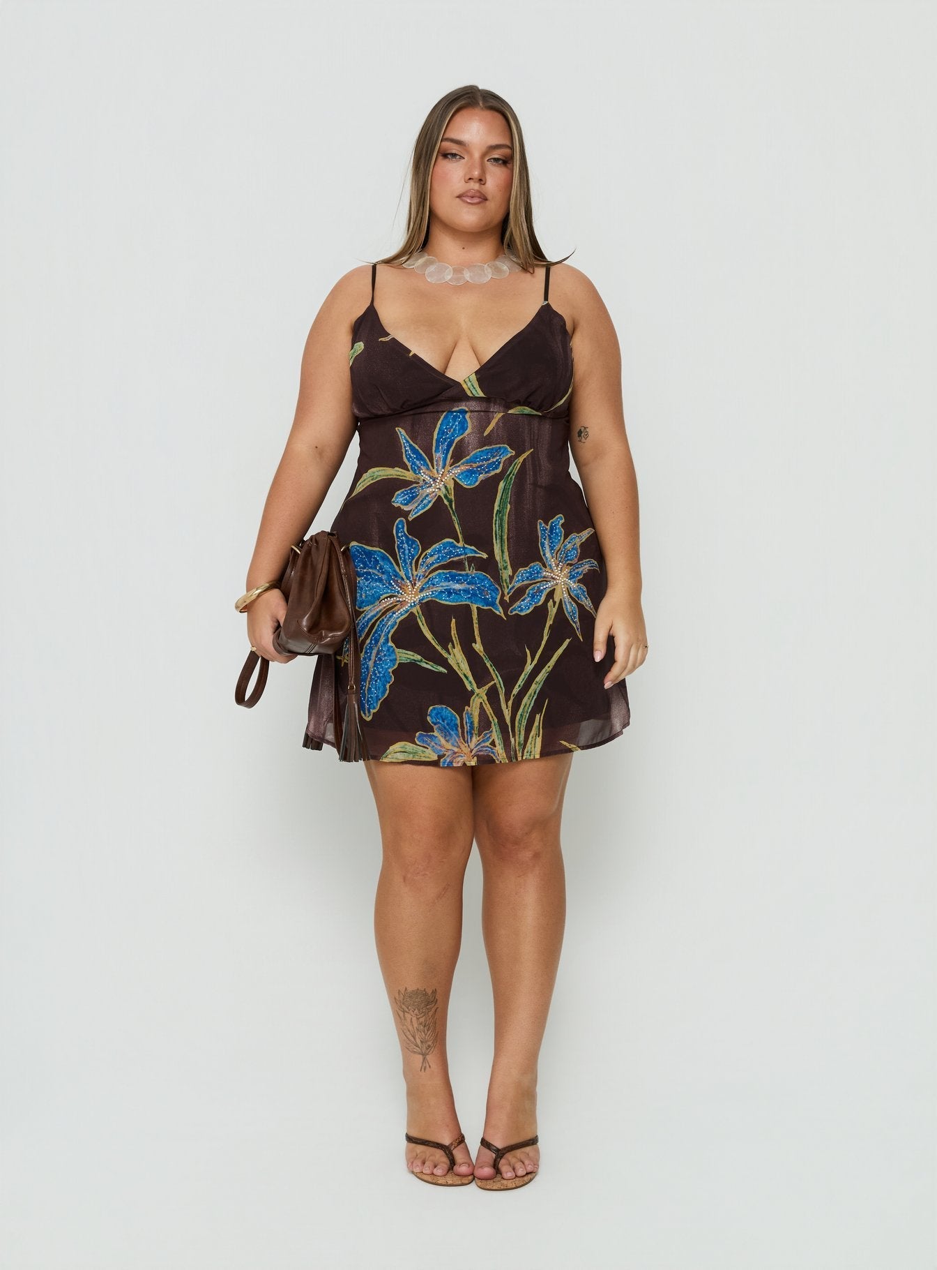 Isakaia Beaded Mini Dress Brown Floral Curve