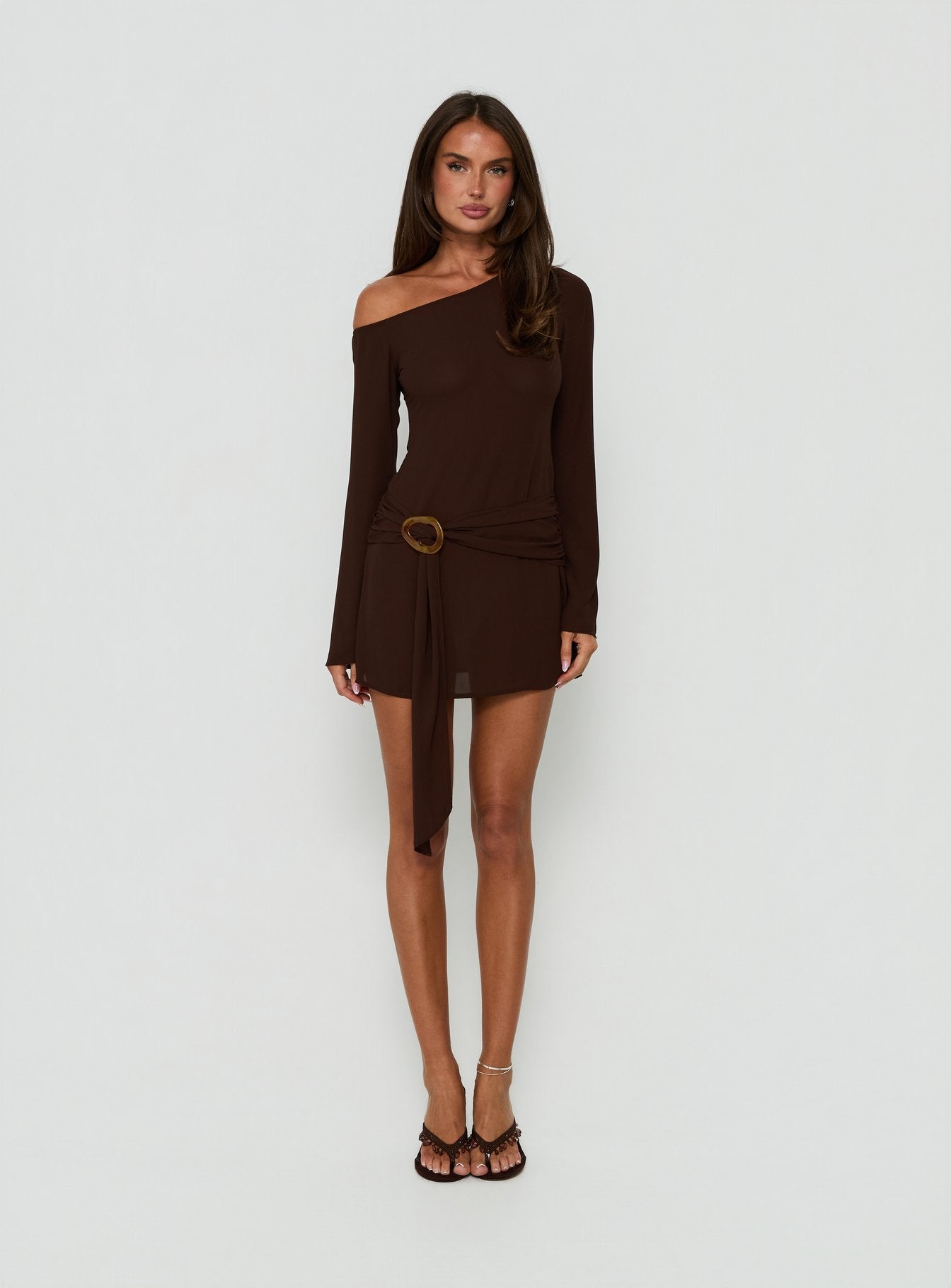 Still Spinning One Shoulder Belted Mini Dress Brown