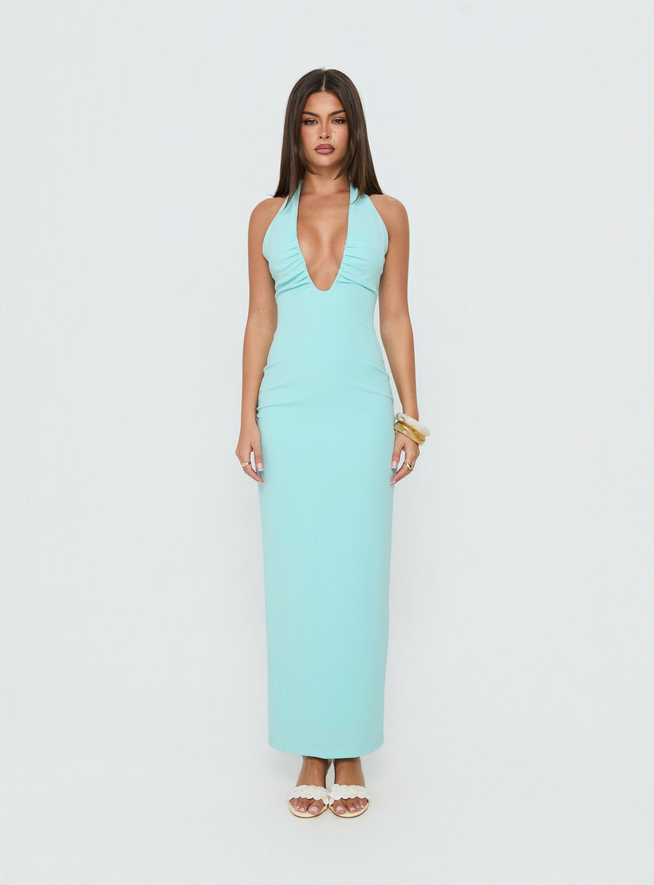 Soft Storm Plunge Halter Maxi Dress Turquoise