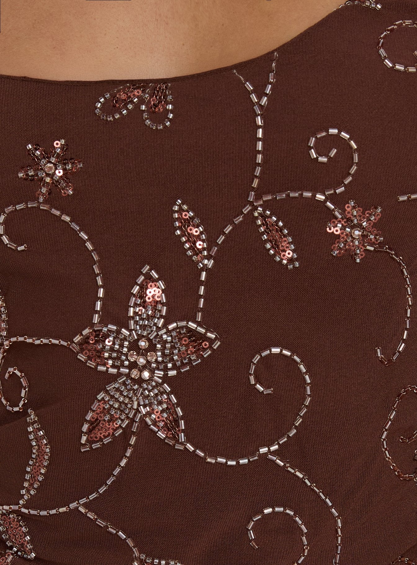 Leocadia Scoop Neck Bead Detail Top Chocolate