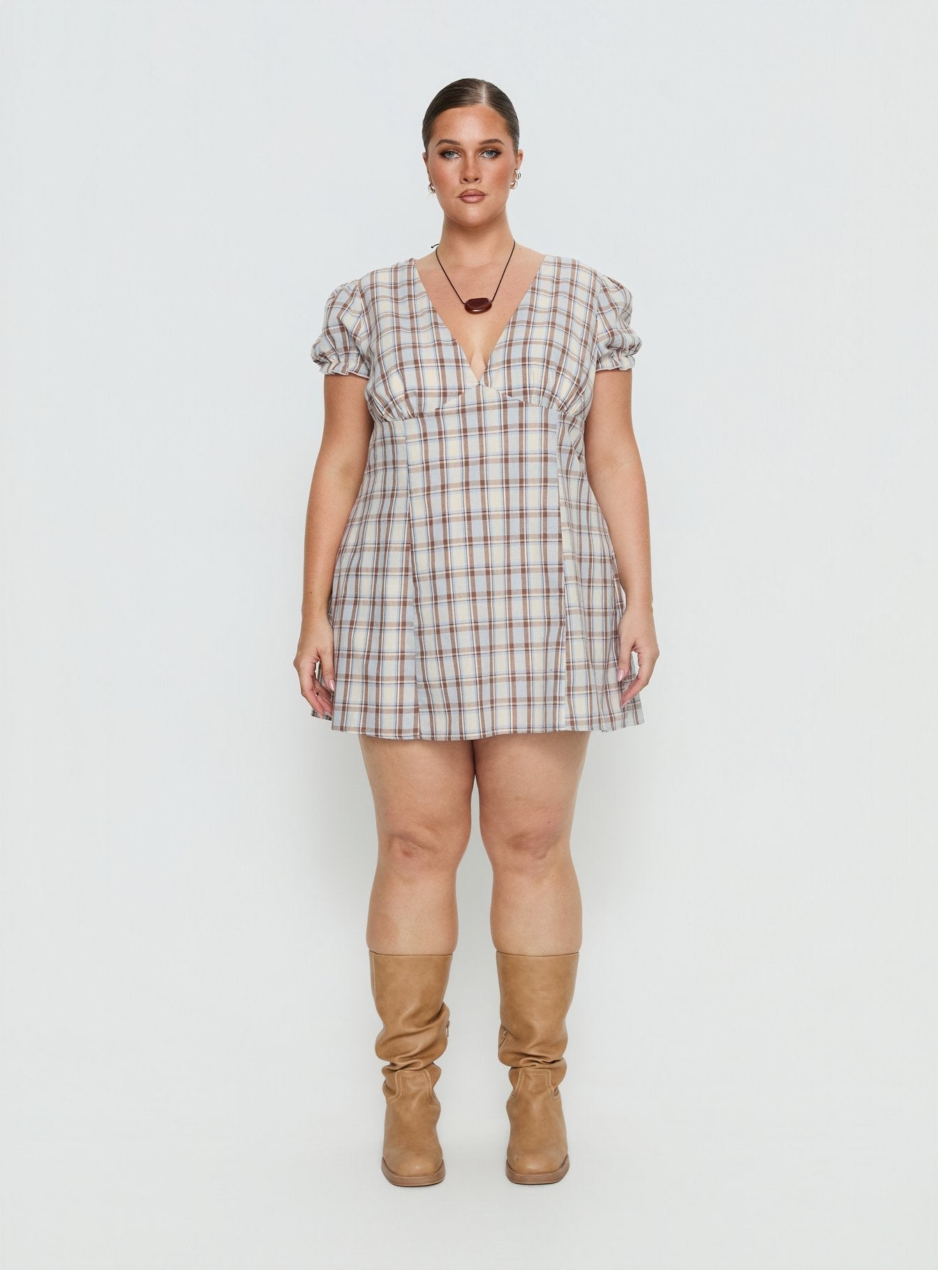 Mystee Plunge Neck Romper Blue Check Curve