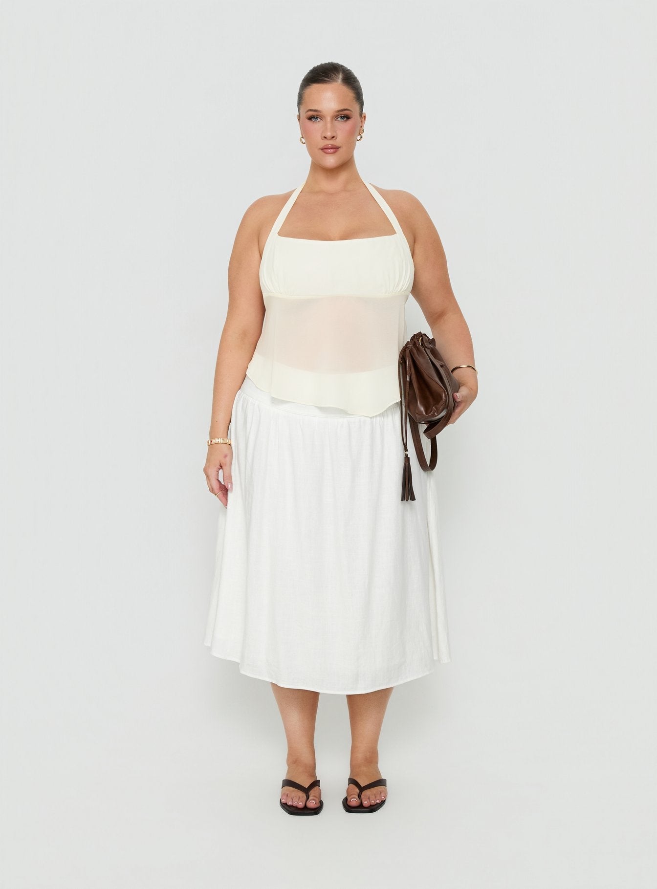Heart Of Gold Linen Blend Midi Skirt White Curve