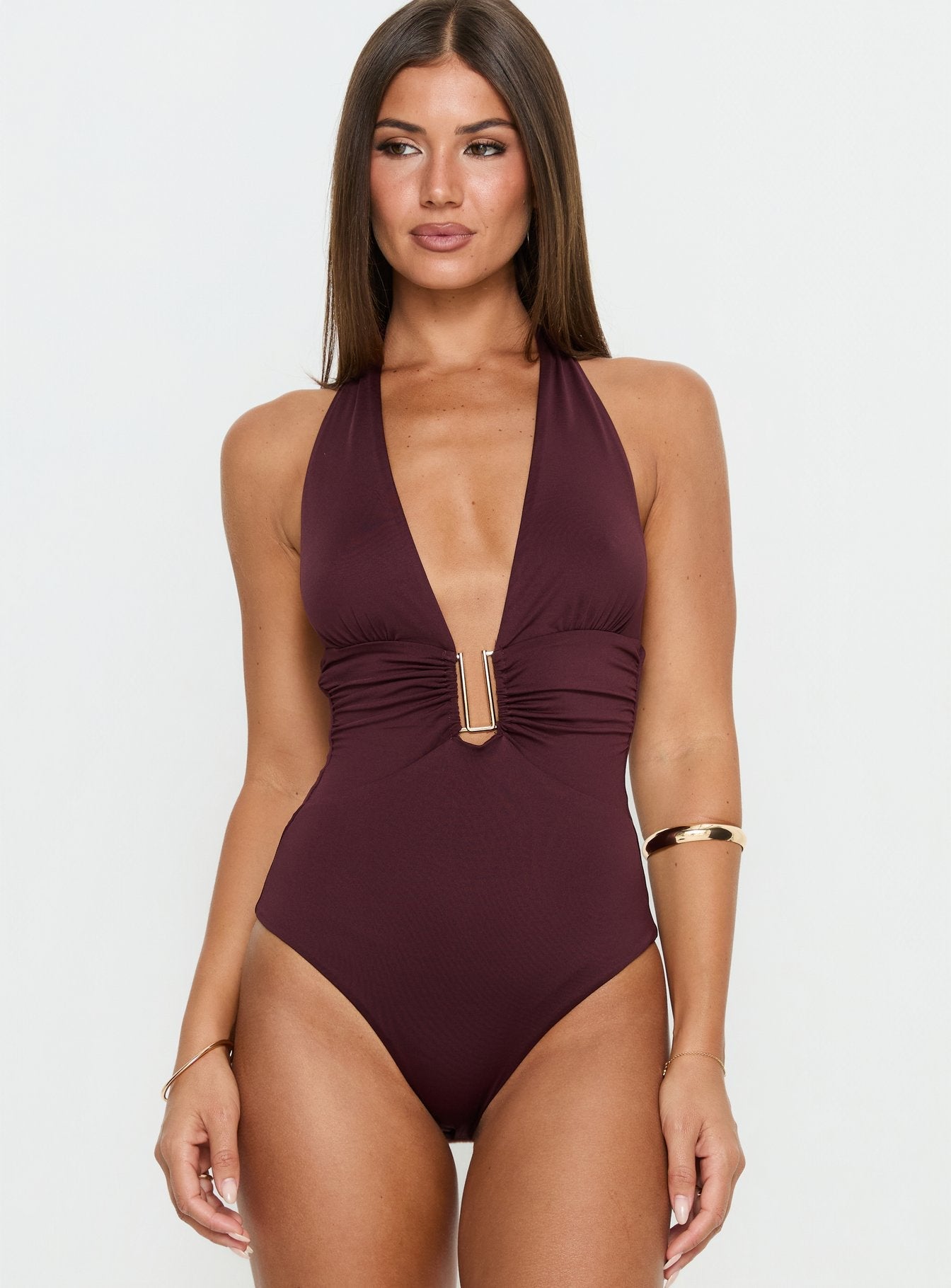 Leave Me Alone Plunge Halter Bodysuit Burgundy