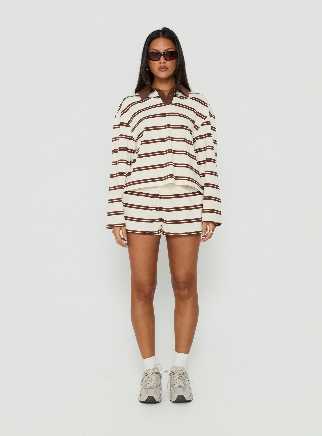 Eddi Long Sleeve Polo Top Cream / Brown Stripe