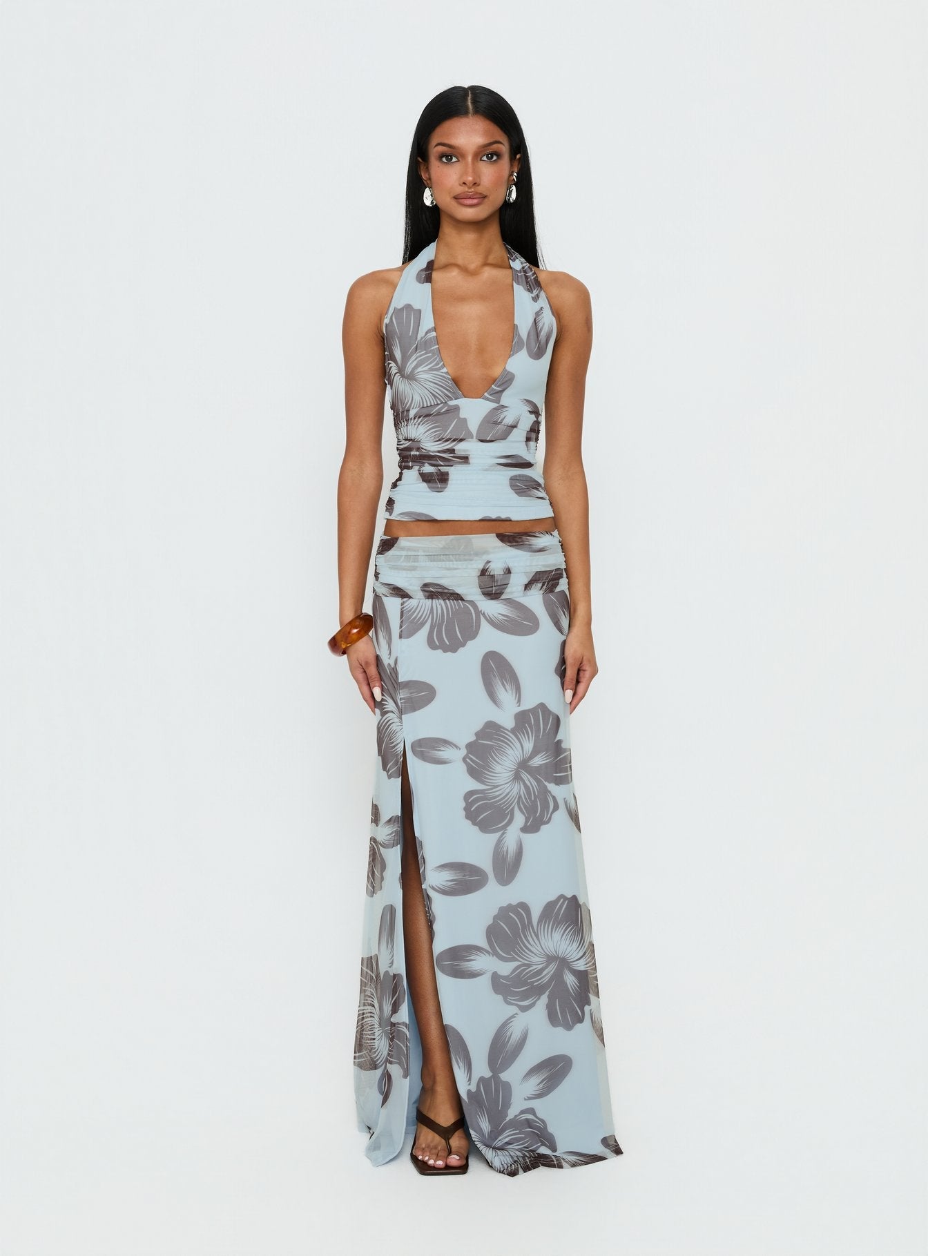 Roselin Mesh Halter Top Blue Floral