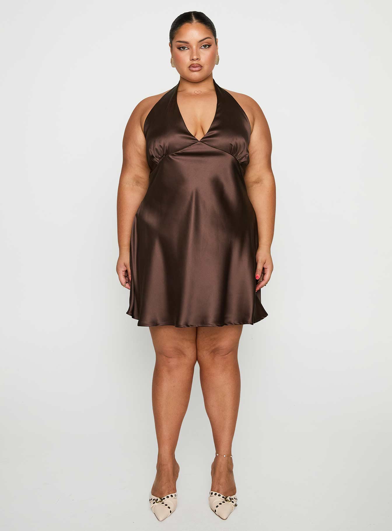 Pelagia Halter Scarf Tie Mini Dress Brown Curve