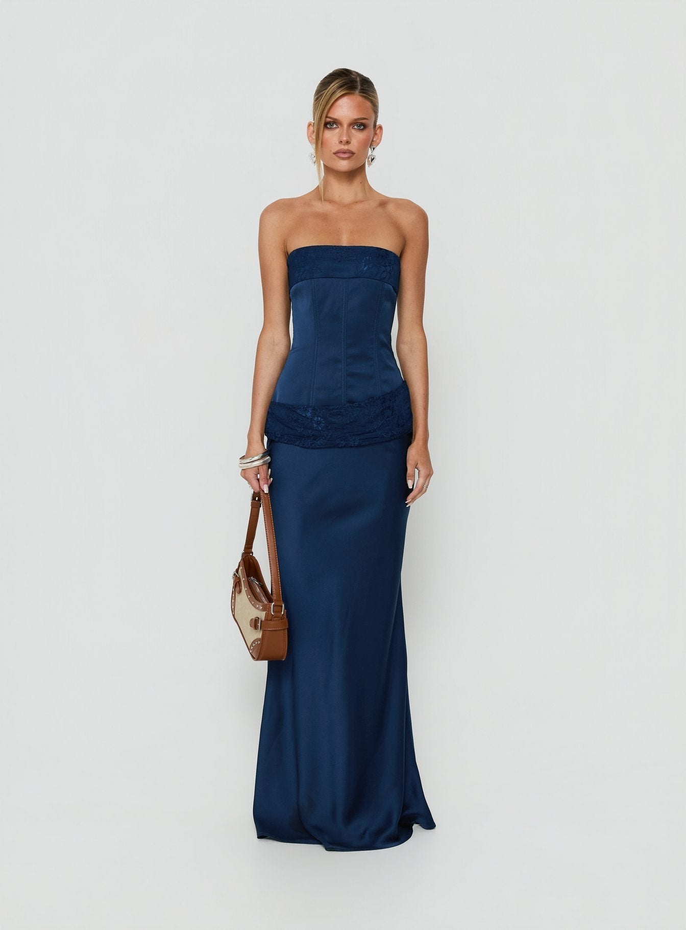 Sura Strapless Lace Detail Maxi Dress Navy