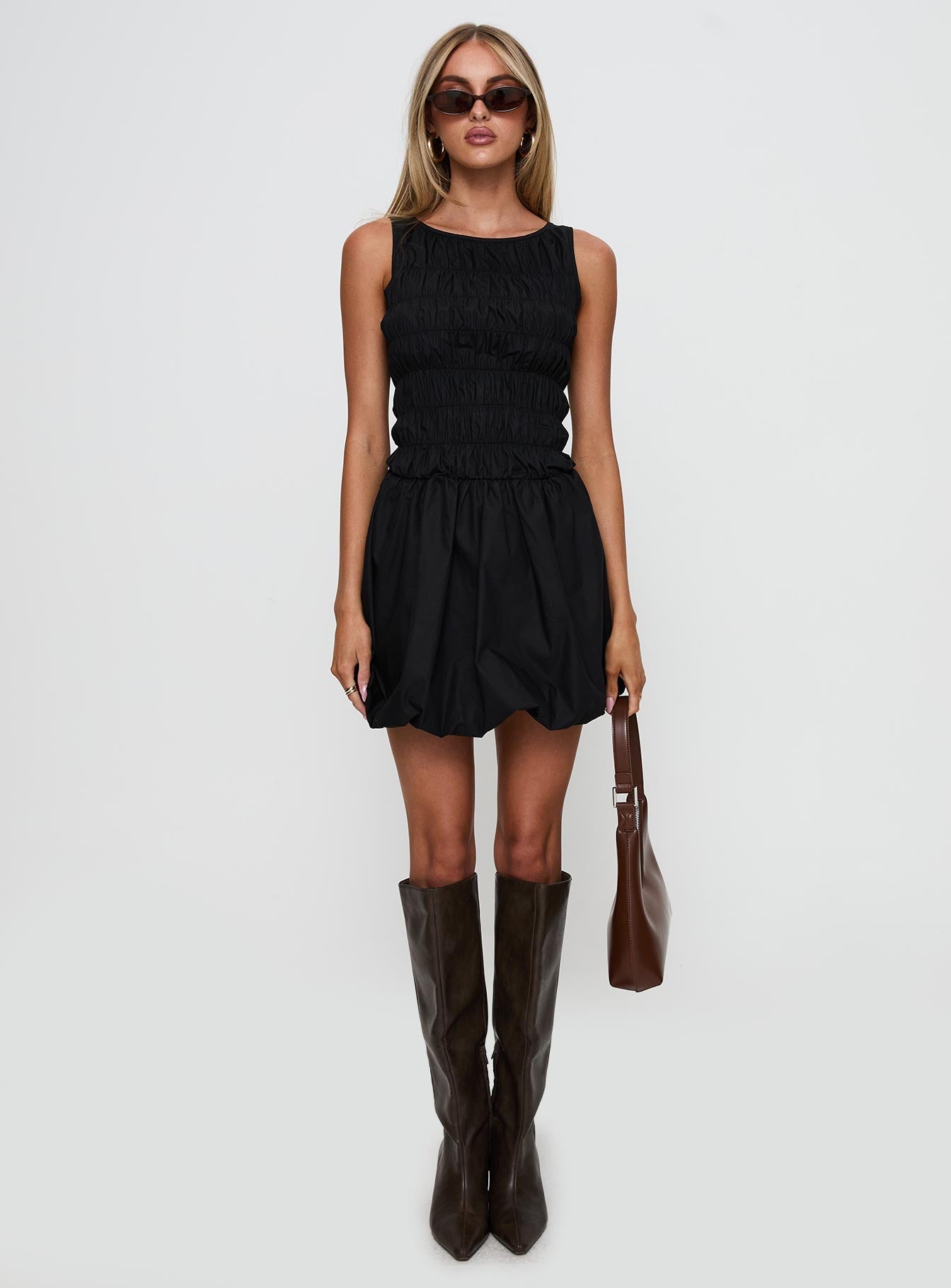 Demure Shirred Bubble Hem Mini Dress Black
