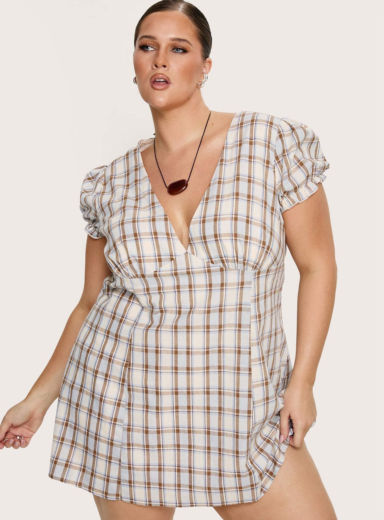 Mystee Plunge Neck Romper Blue Check Curve