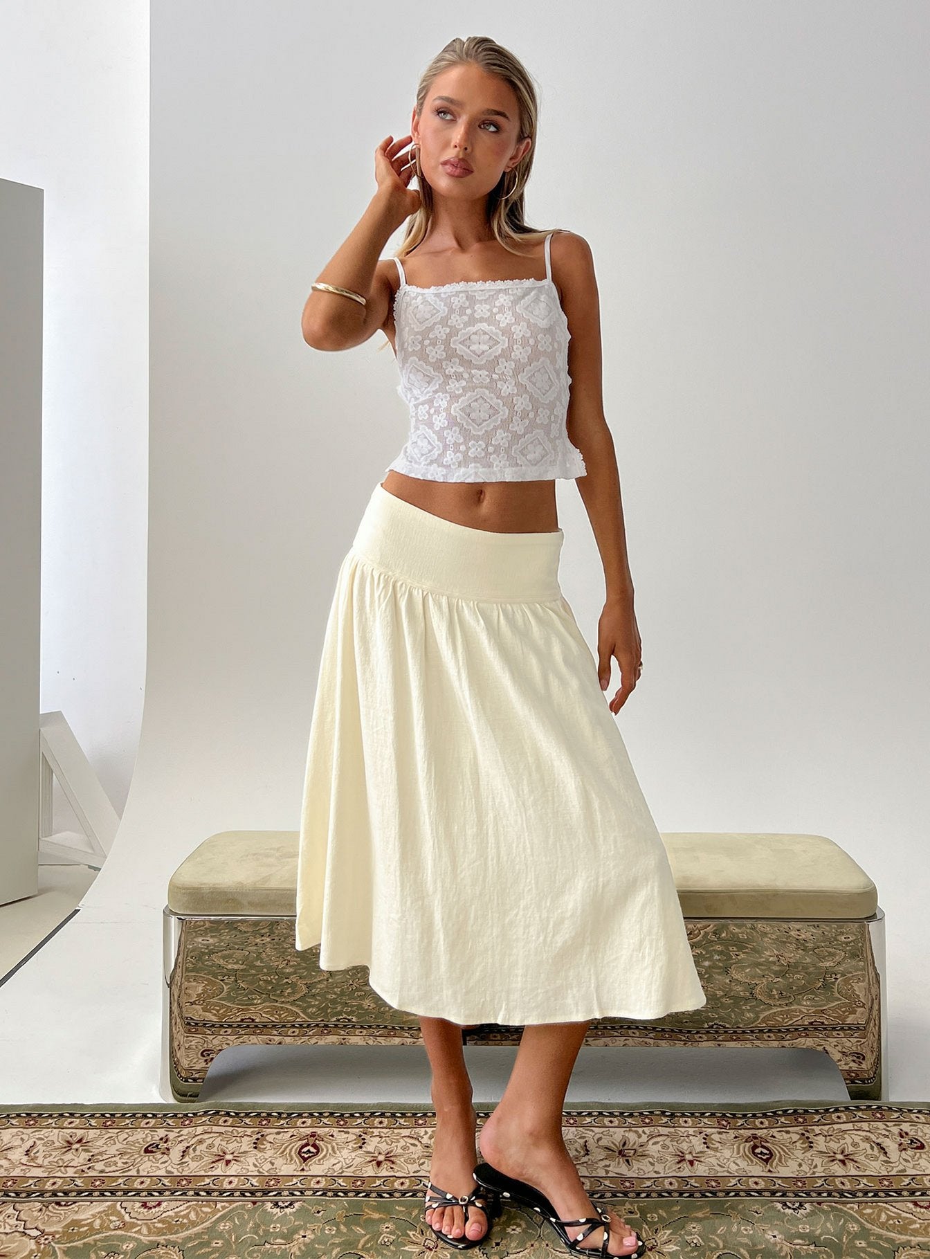 Heart Of Gold Linen Blend Midi Skirt Lemon