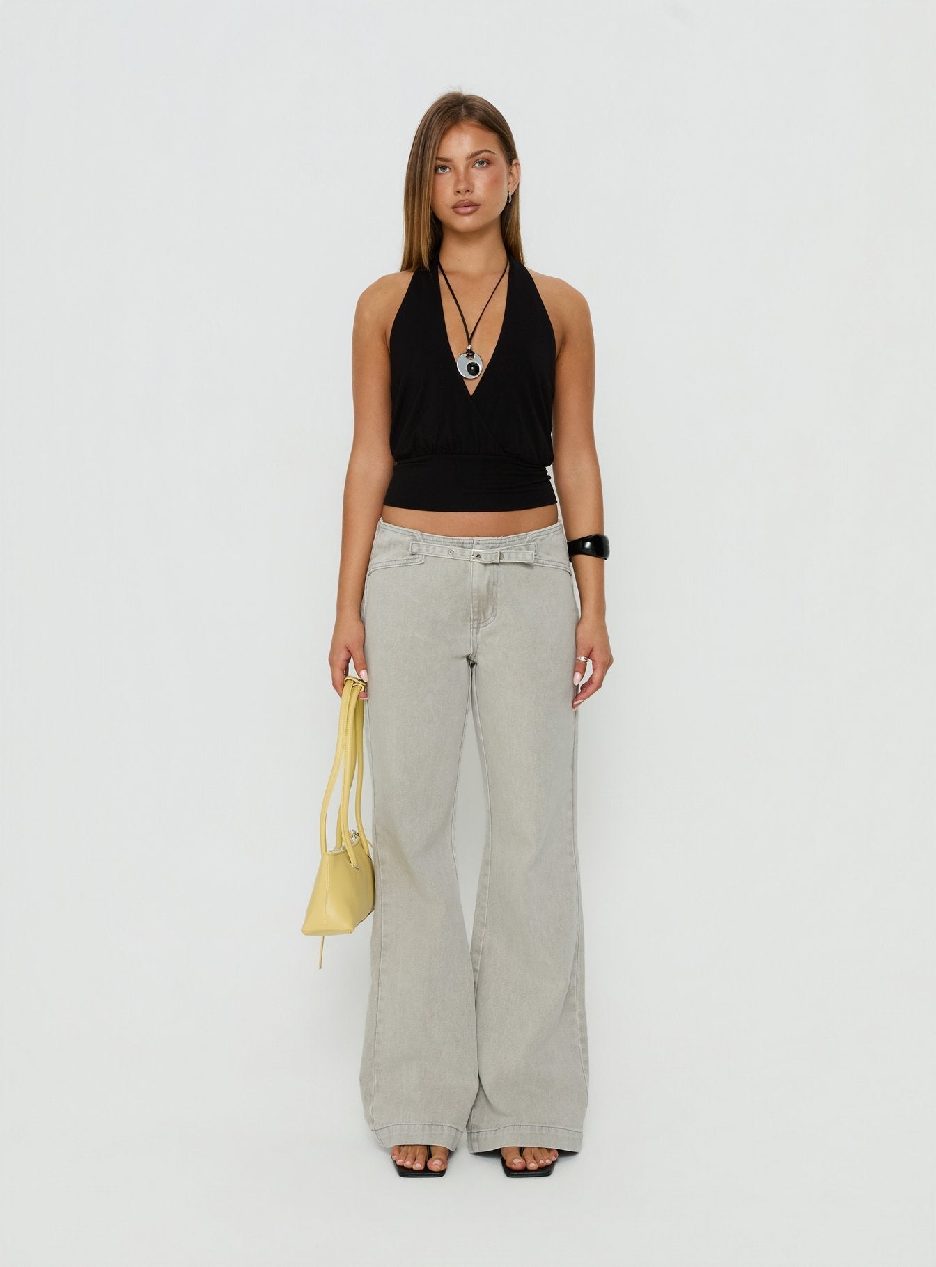 Slow Ride Mid Rise Bootleg Belted Jeans Desert Grey