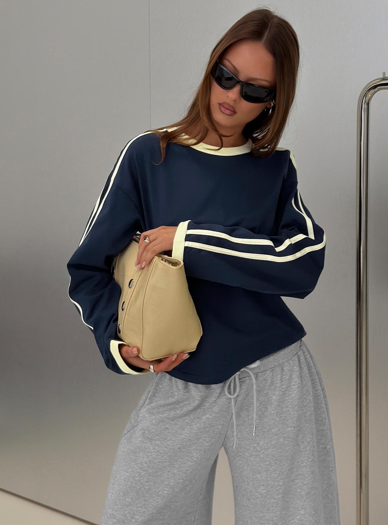 Settle Down Long Sleeve Contrast Top Navy / Yellow Stripe