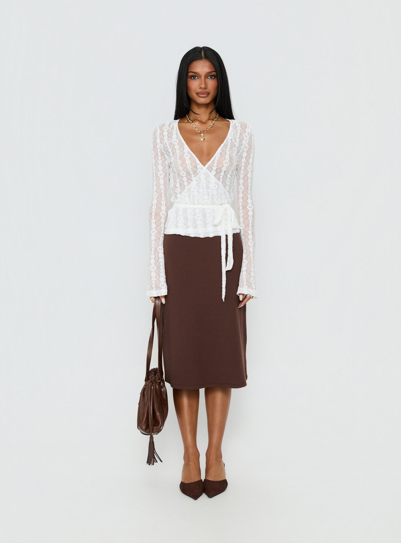 Melara Lace Long Sleeve Wrap Top White
