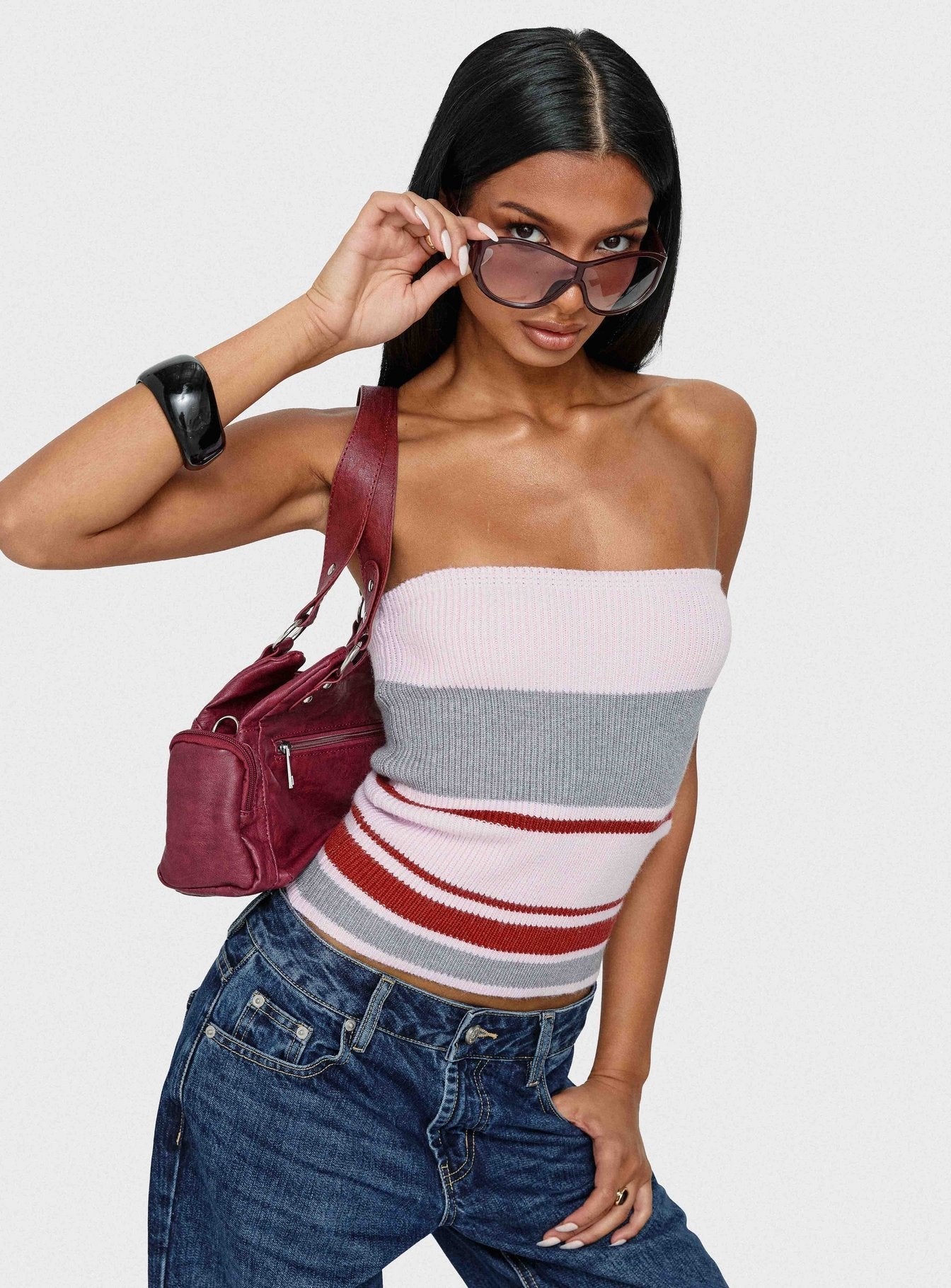 In The Mirror Strapless Top Pink Stripe
