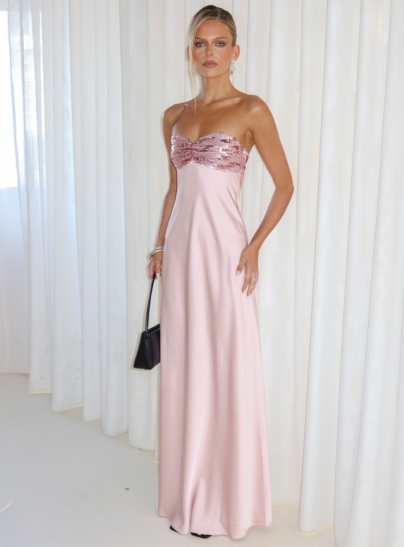 See The Vision Sequin Bust Strapless Maxi Dress Pink