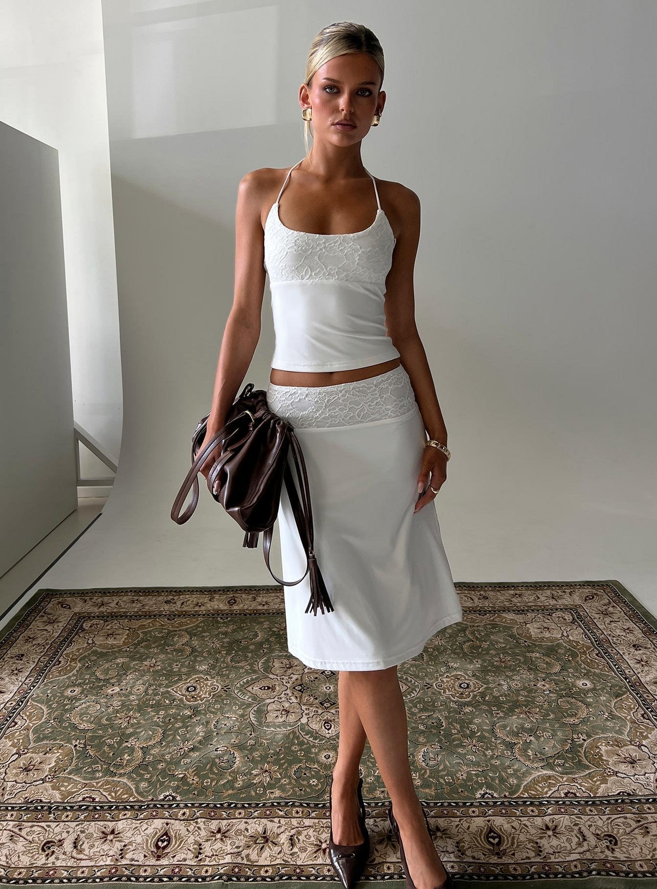 Zenaide Lace Detail Halter Tank Top White