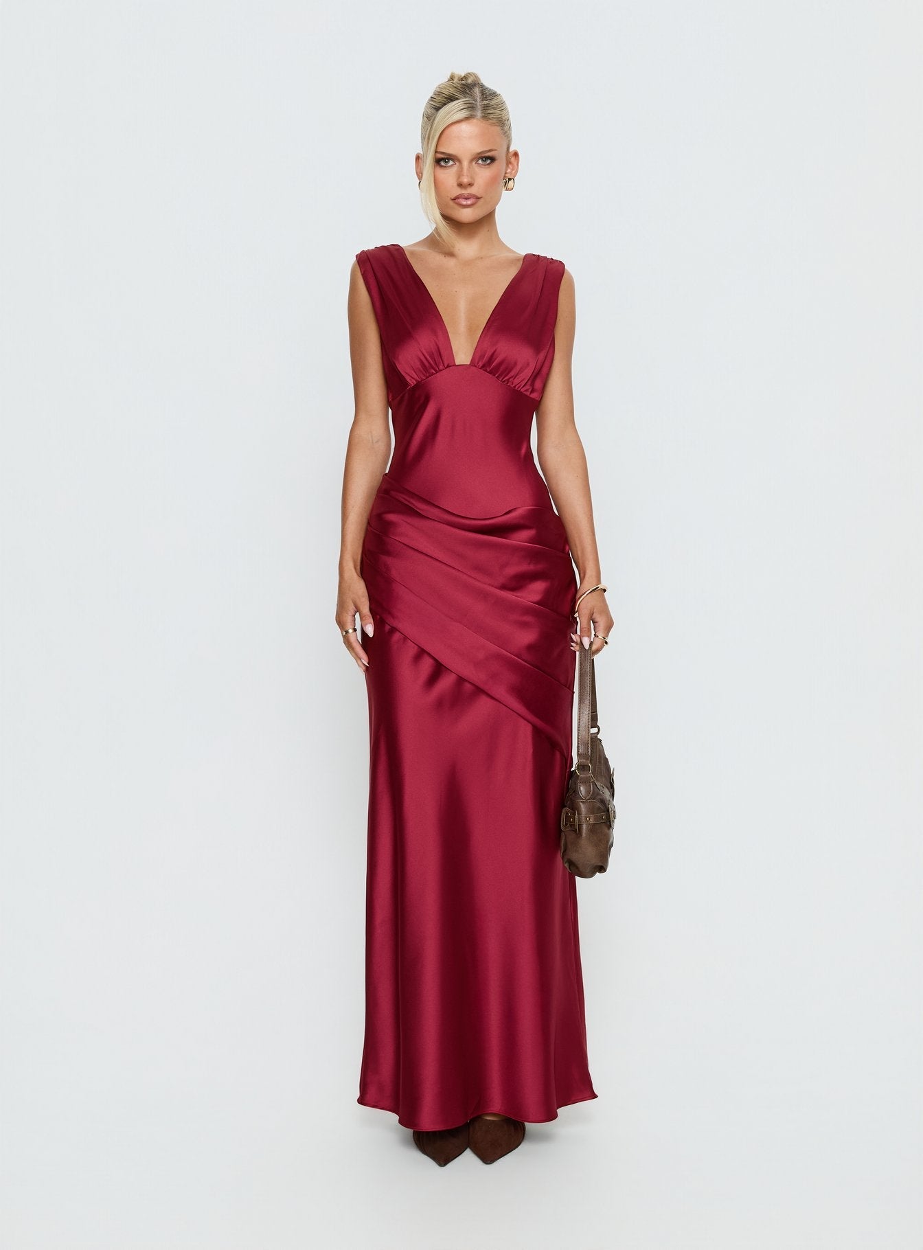 False Alarm Plunge Asymmetrical Pleat Maxi Dress Red