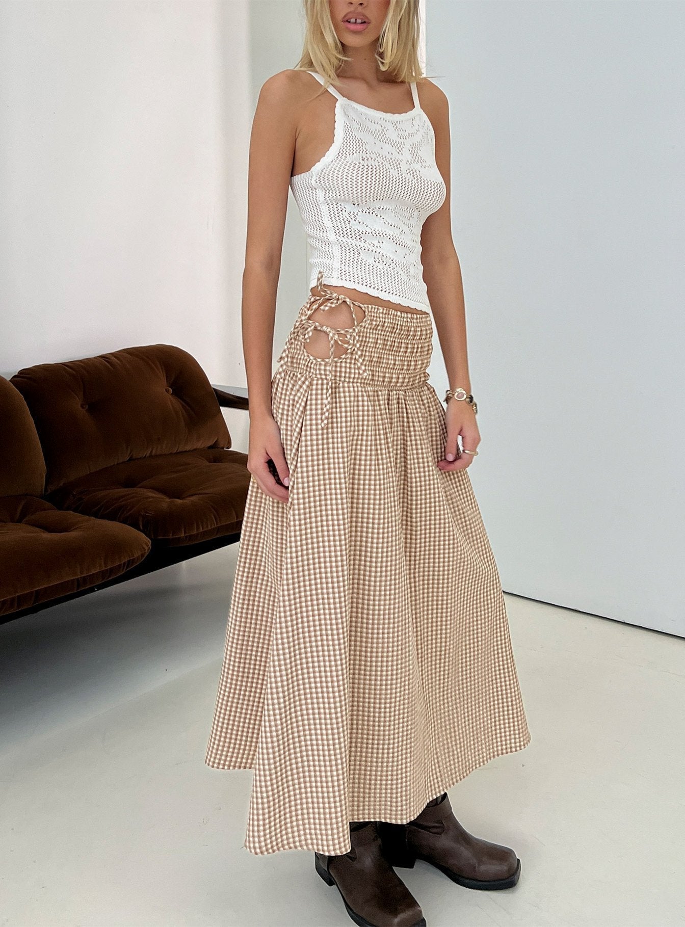 Vence Ruched Maxi Skirt Brown Gingham