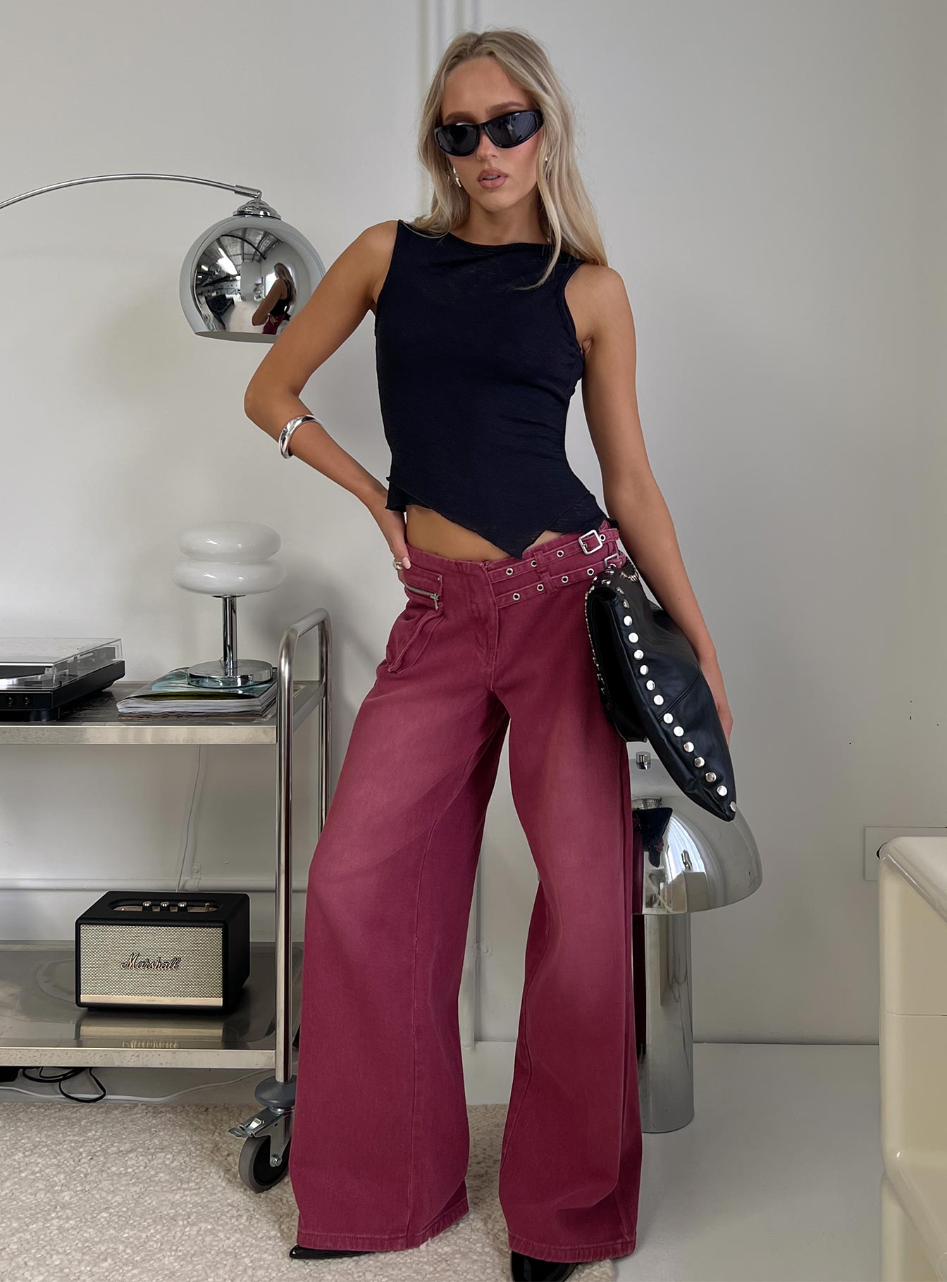 Paltrow Mid Rise Wide Leg Cargo Jeans Washed Burgundy