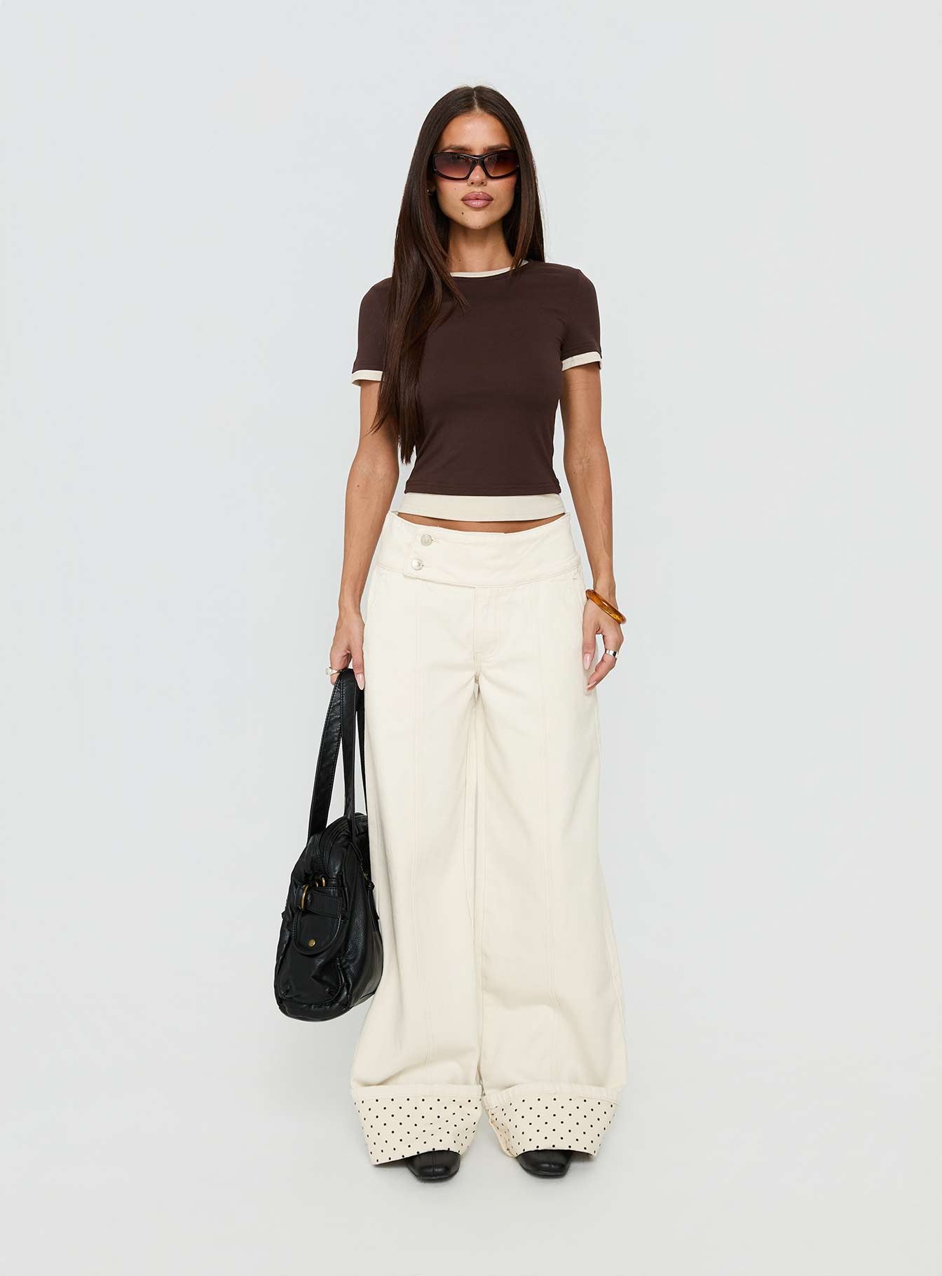 Nikoletta Foldover Jeans Cream / Polka