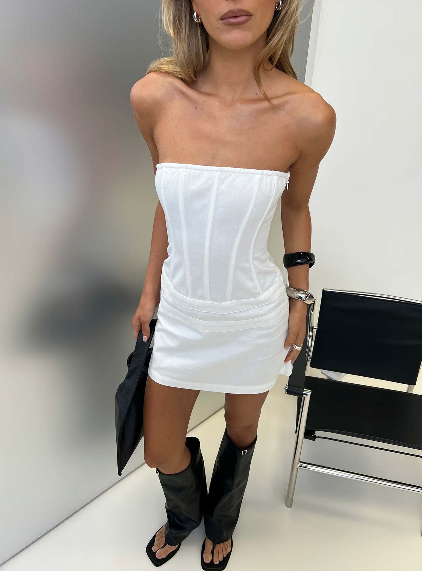 Irenah Strapless Denim Corset Mini Dress White