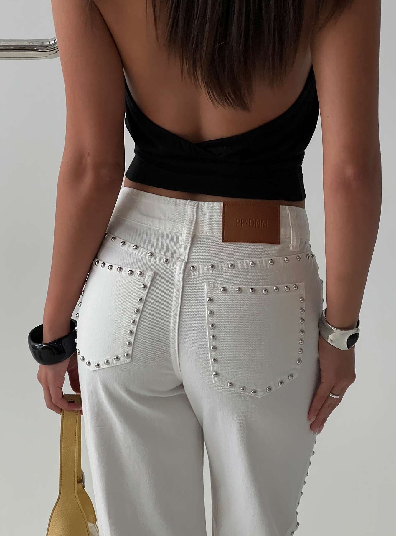 Saving Up Mid Rise Straight Leg Studded Jeans White