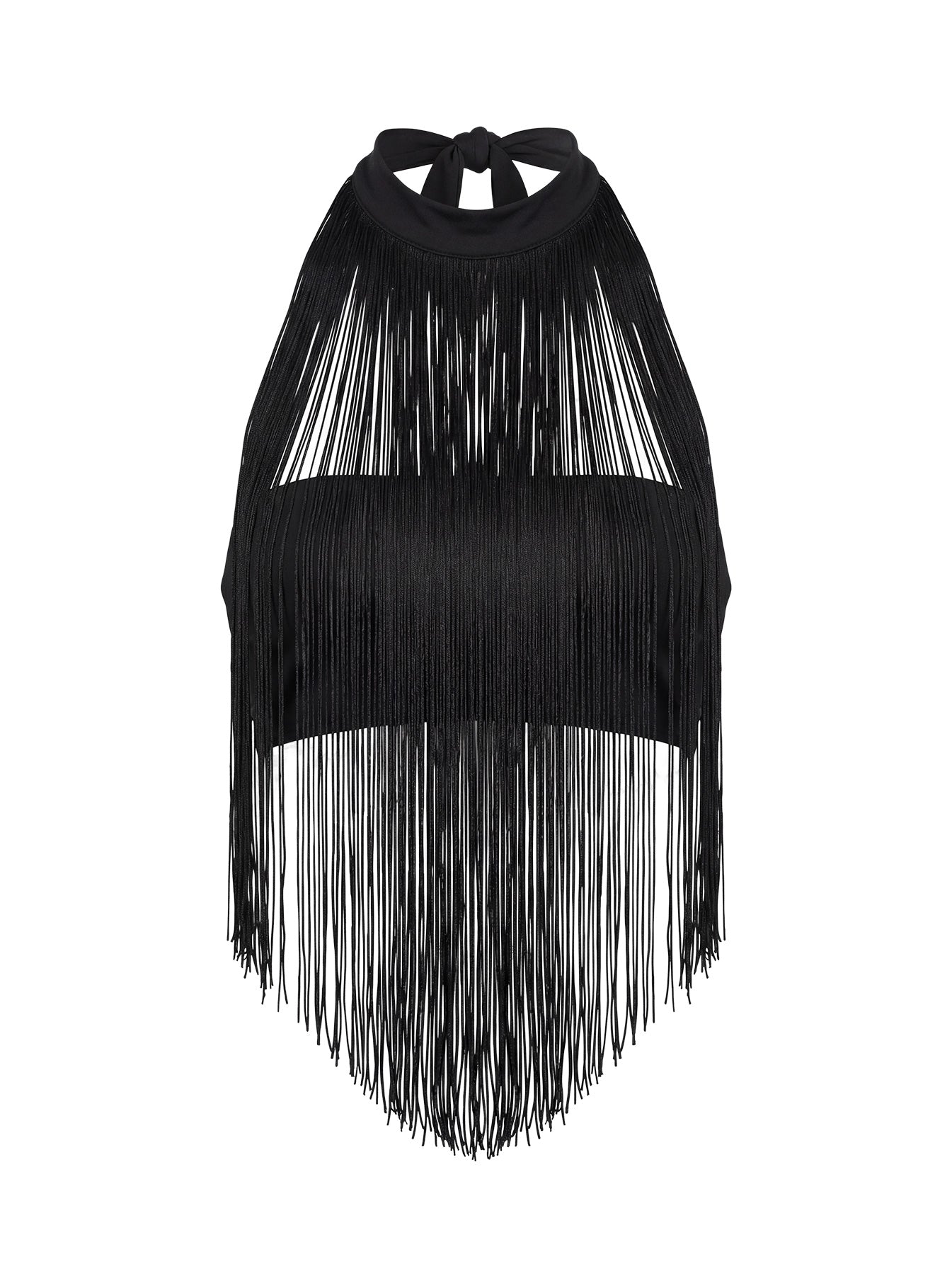Zephyrine Fringe Asymmetrical Halter Top Black