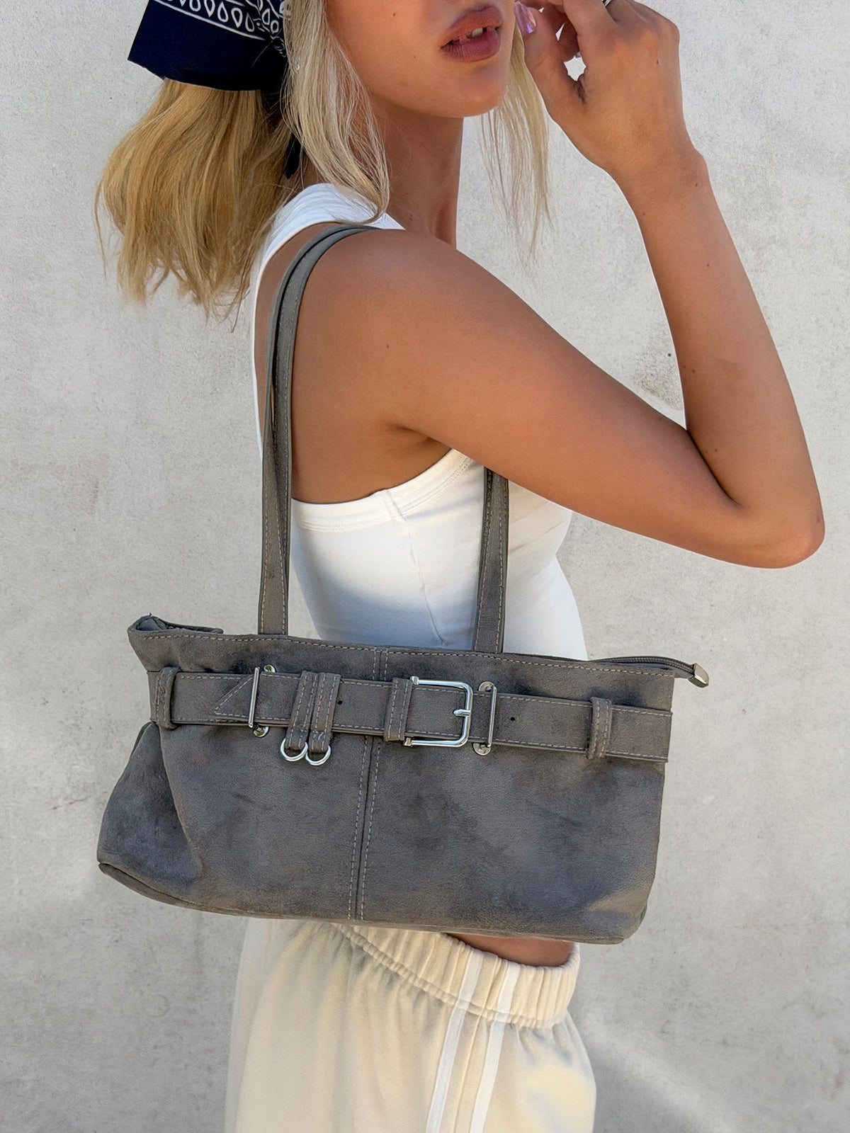 Views Of Capri Faux Suede Buckle Shoulder Bag Charcoal